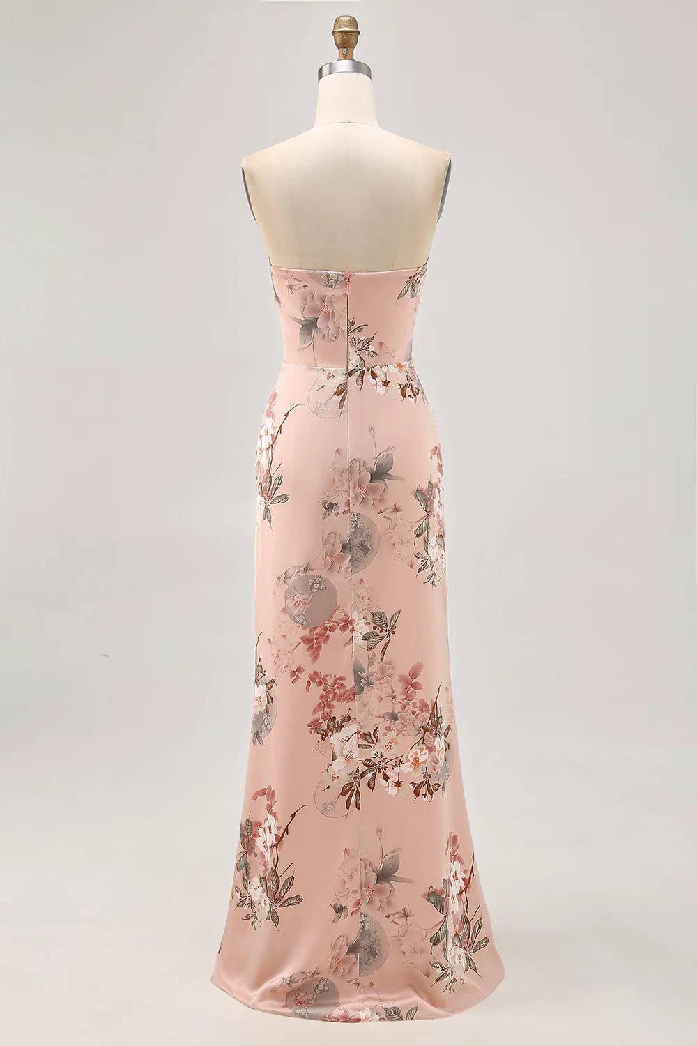 Blush Sheath Strapless Print Satin Long Floral Plus Size Bridesmaid Dress with Slit