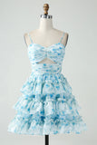 Blue Flower A Line Tiered Pleated Cut Out Short Homecoming Dress