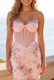 Floral Pink Sequin Corset Bodycon Strapless Homecoming Dress