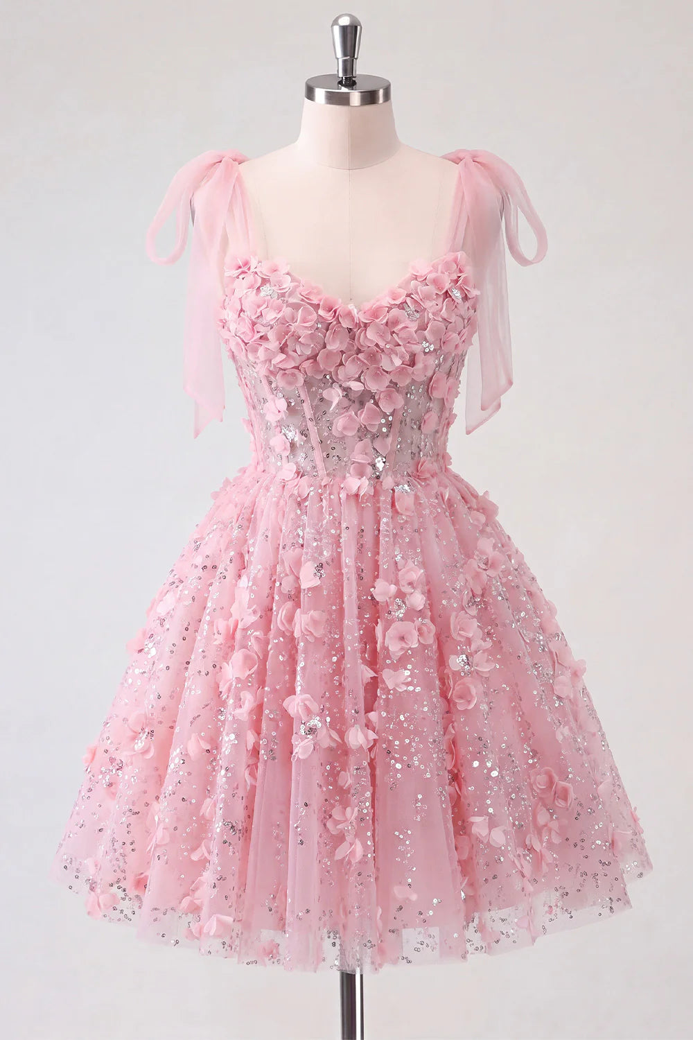 Lilac Sequin A Line Corset Short Homecoming Dress with 3D Flowers
