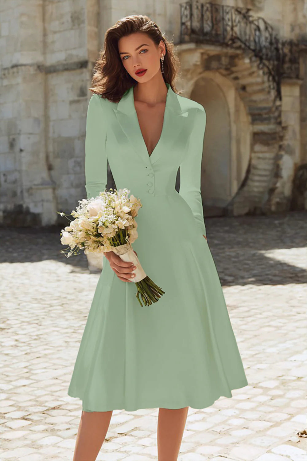 Ivory A Line Satin V Neck Courthouse Wedding Dress