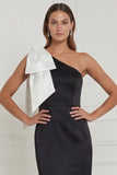 One Shoulder Black Mermaid Long Formal Dress with Bow