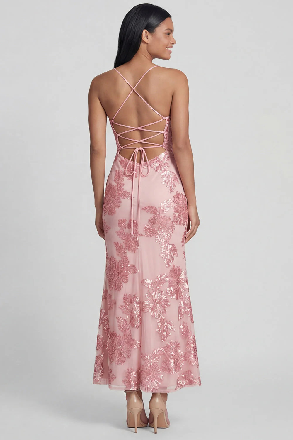 Sage Green Mermaid Floral Wedding Guest Dress with Lace up Back