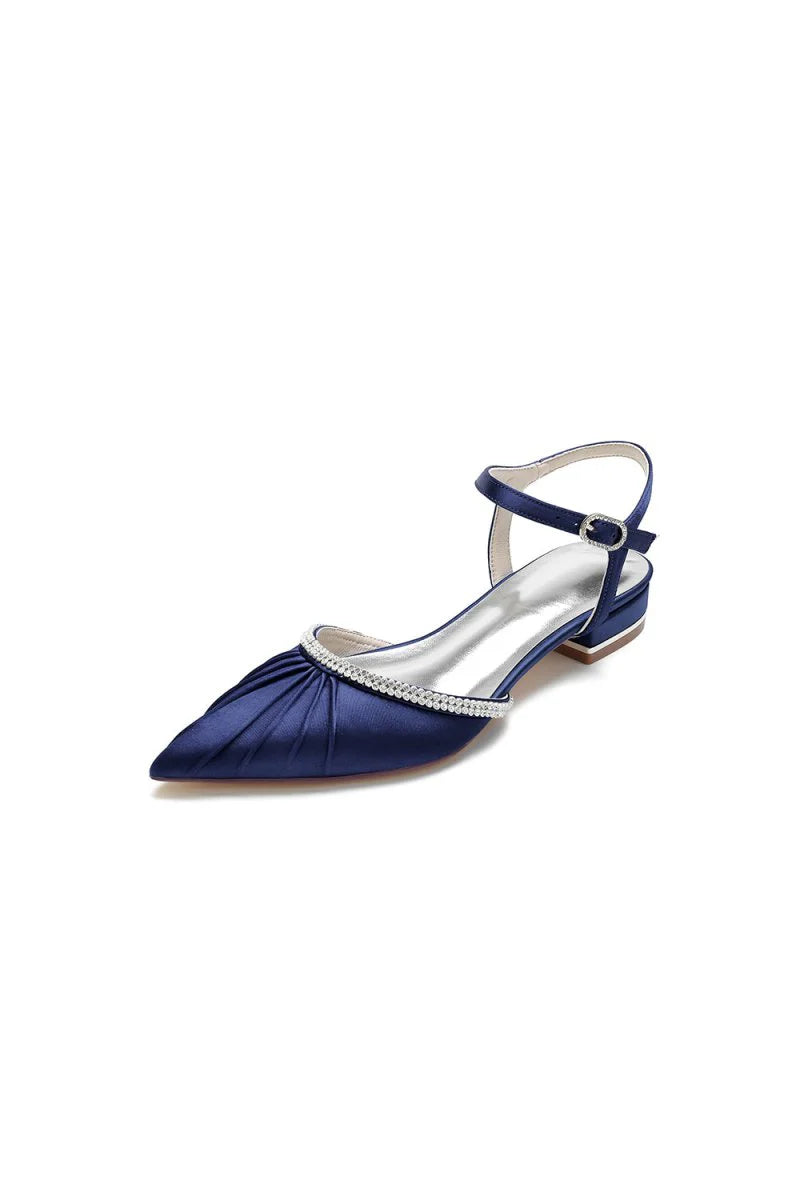 Satin Pointed Toe Beaded Buckle Kitten Heels