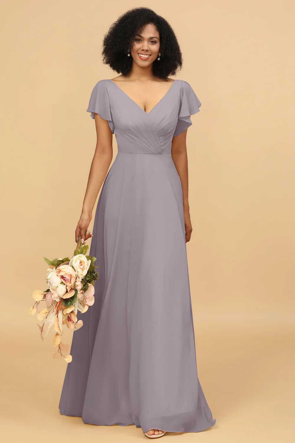 V Neck Cape Long Floor Length Chiffon Bridesmaid Dress