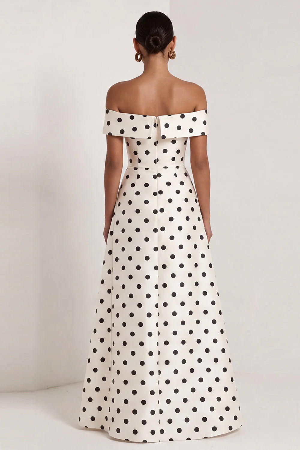 Off the Shoulder Black White Polka Dot A Line Maxi Formal Dress with Slit