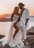 Romantic A Line Sweetheart Tulle Beach Wedding Dresses with Slit