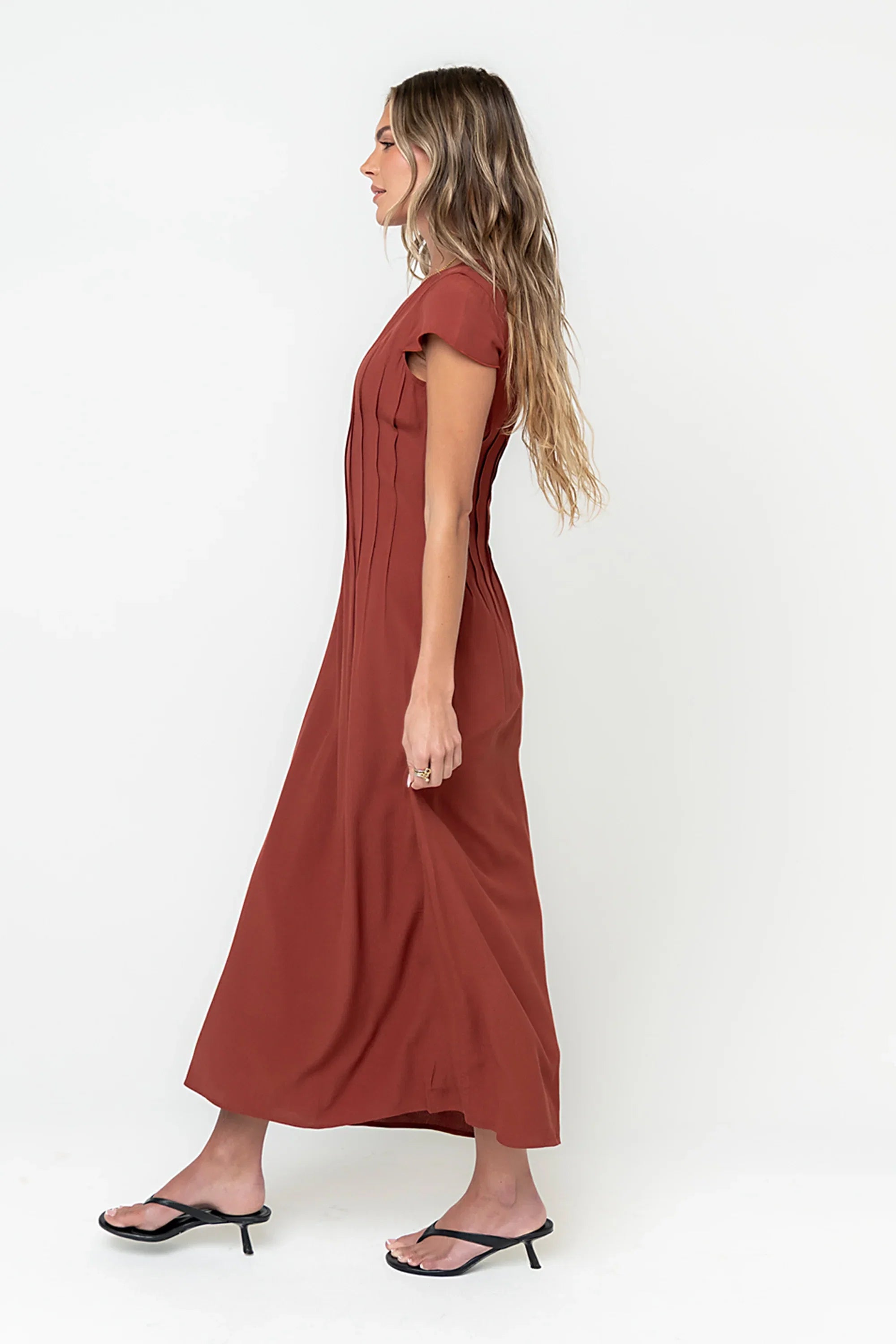 Carolina Pleated Maxi Dress in Brick