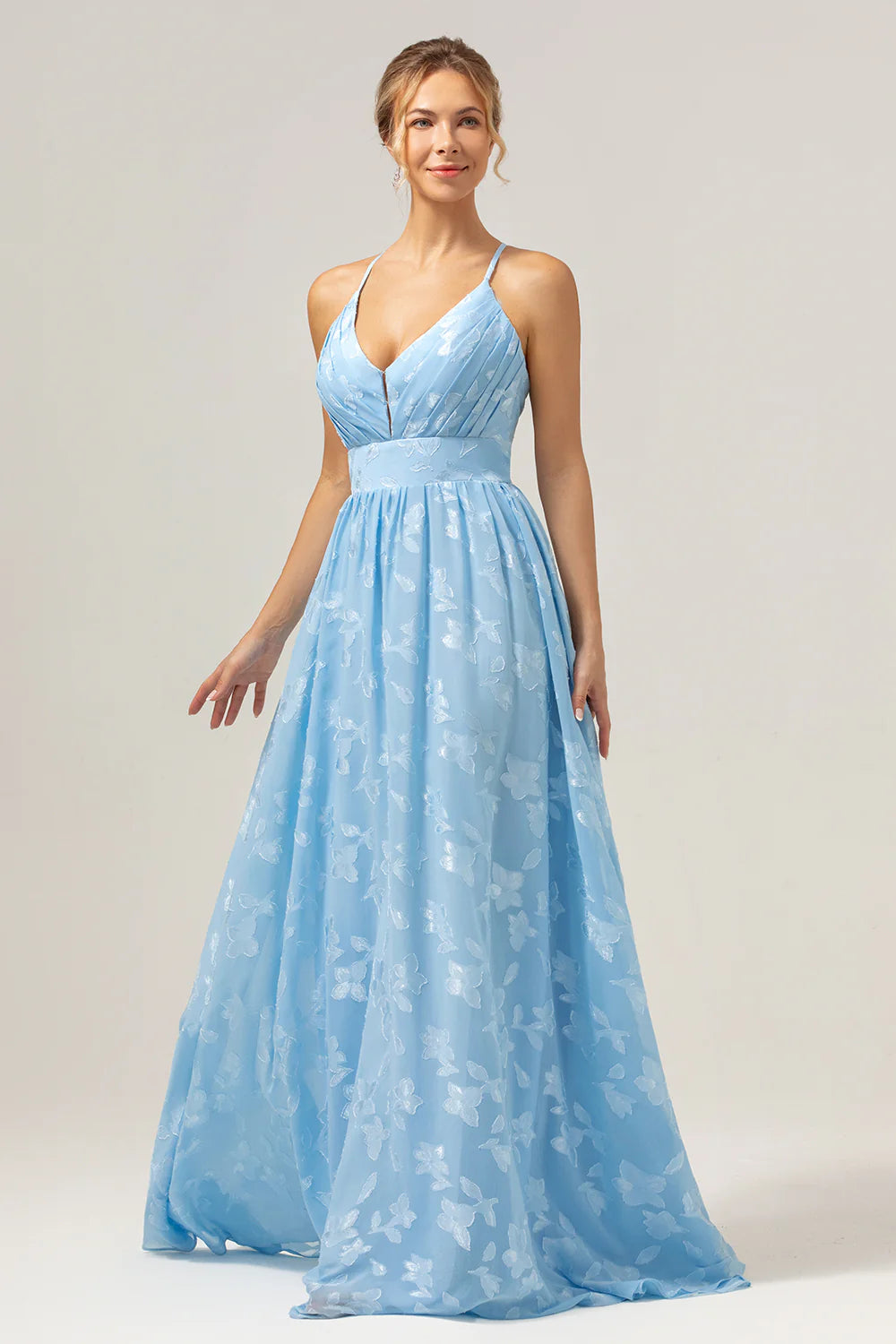 Light Blue A Line V Neck Pleated Long Embroidered Bridesmaid Dress