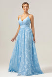 Light Blue A Line V Neck Pleated Long Embroidered Bridesmaid Dress
