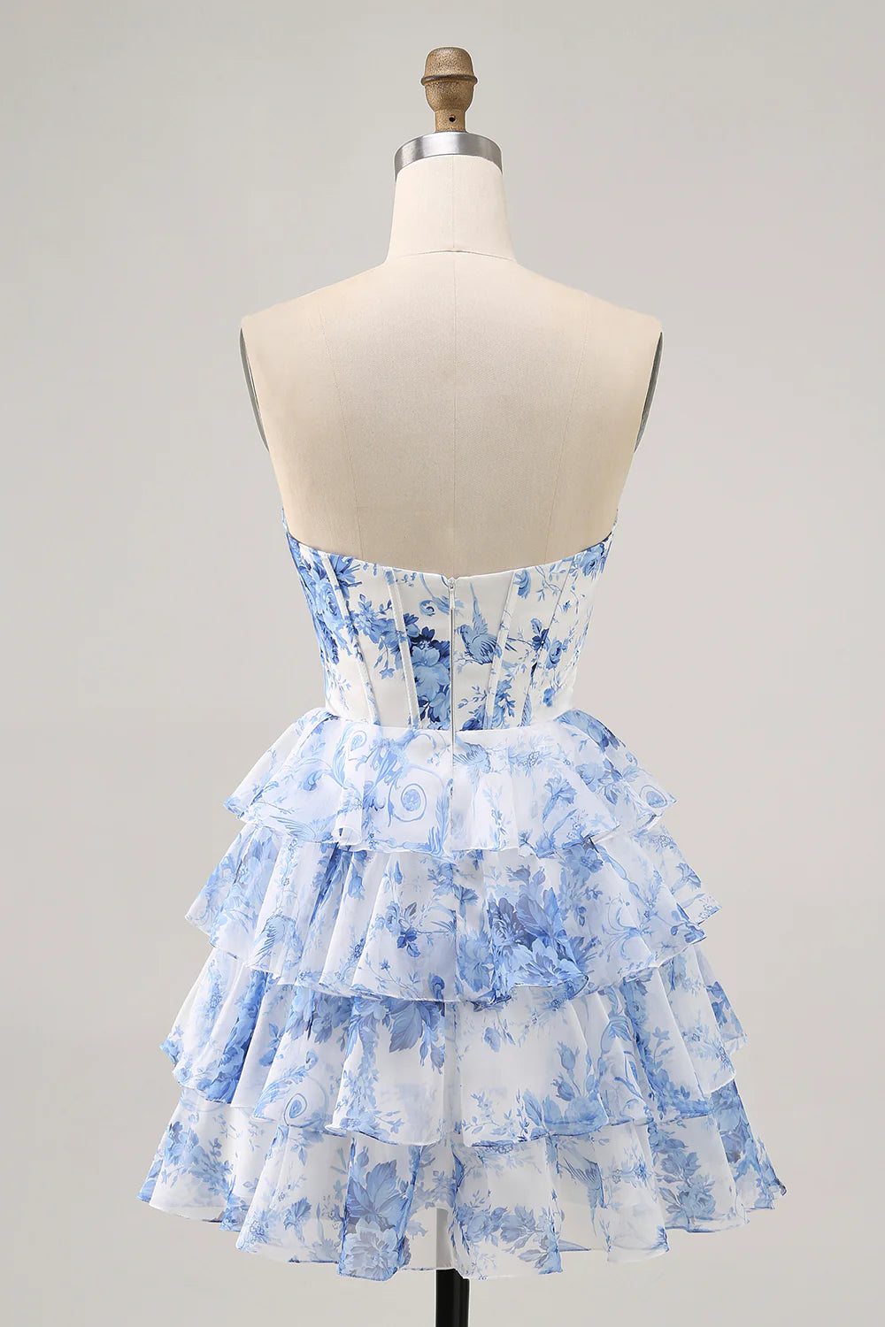 White Blue Flower A Line Strapless Cut Out Corset Tiered Homecoming Dress