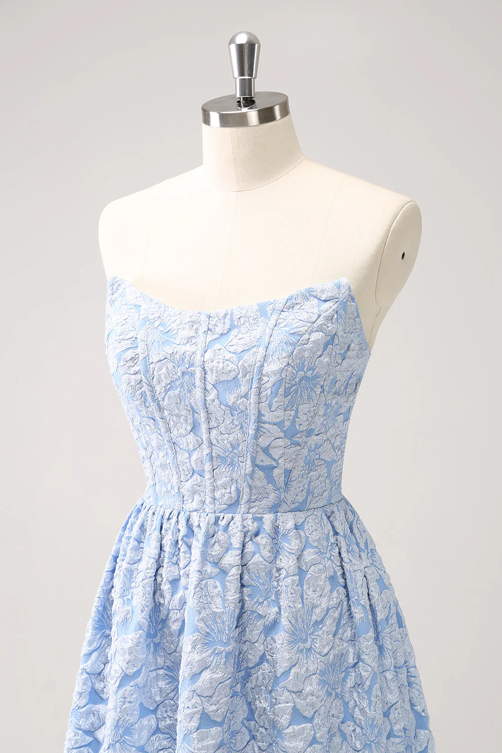 Blue A Line Brocade Strapless High Low Floral Dress with Ruffles