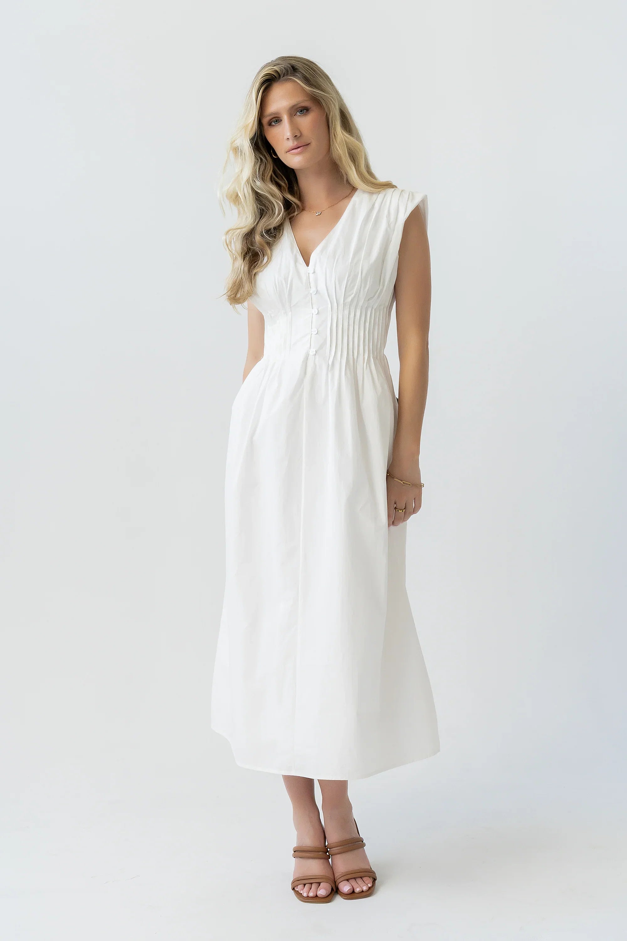 Barb Pleated Midi Dress in White