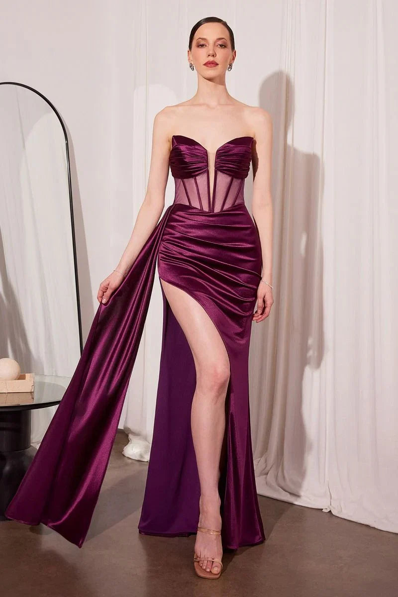 Jamie Gown Satin Gown with Illusion Plunge Neckline