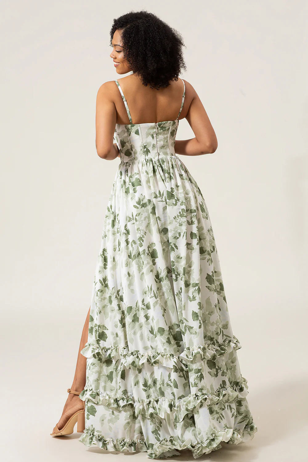 A Line Spaghetti Straps Printed Long Green Bridesmaid Dress With Slit
