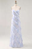 Blue Flower Sheath Printed Long Bridesmaid Dress with Lace Up Back