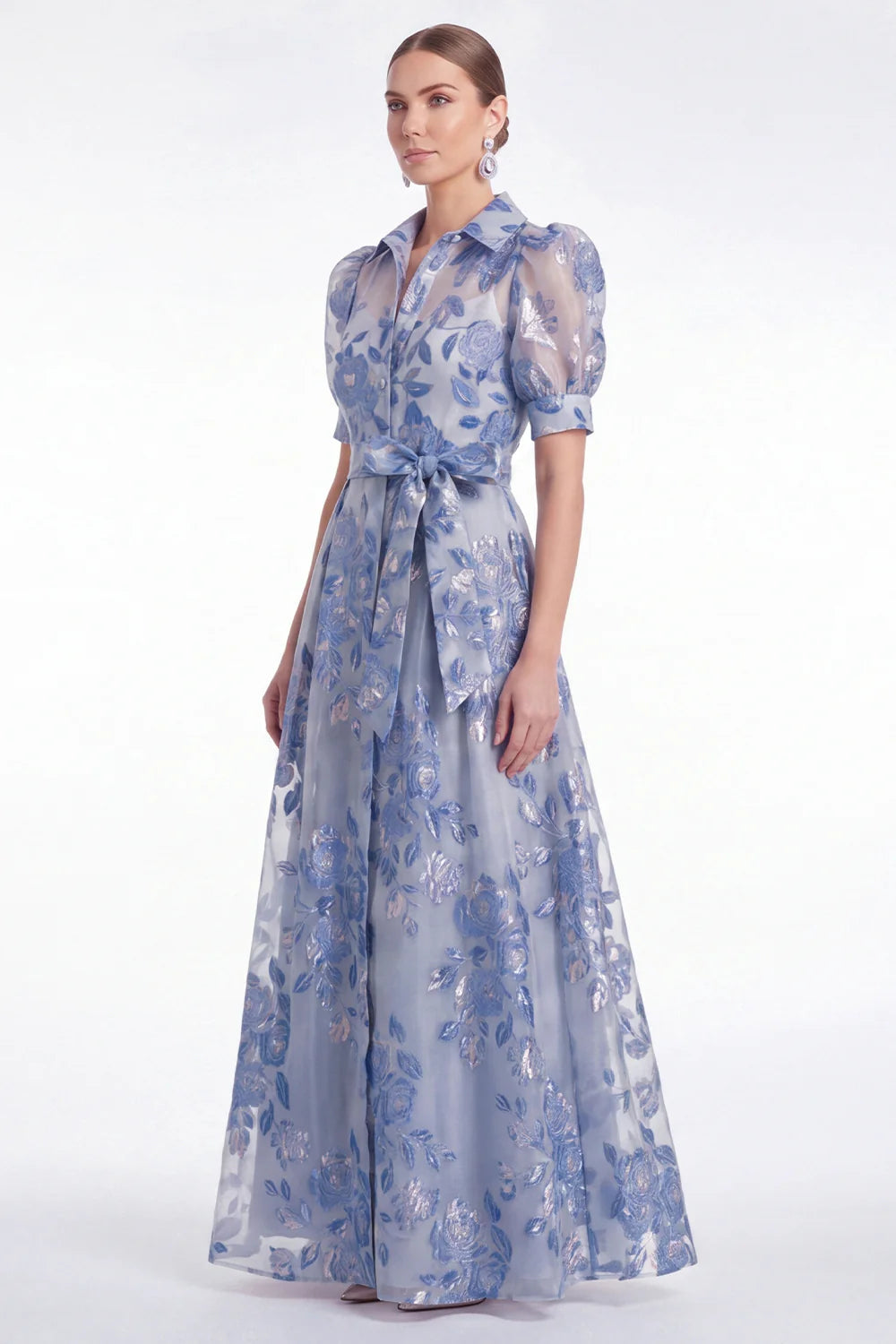 Blue A Line Collar Floral Jacquard Mother of the Bride Dress with Half Sleeves