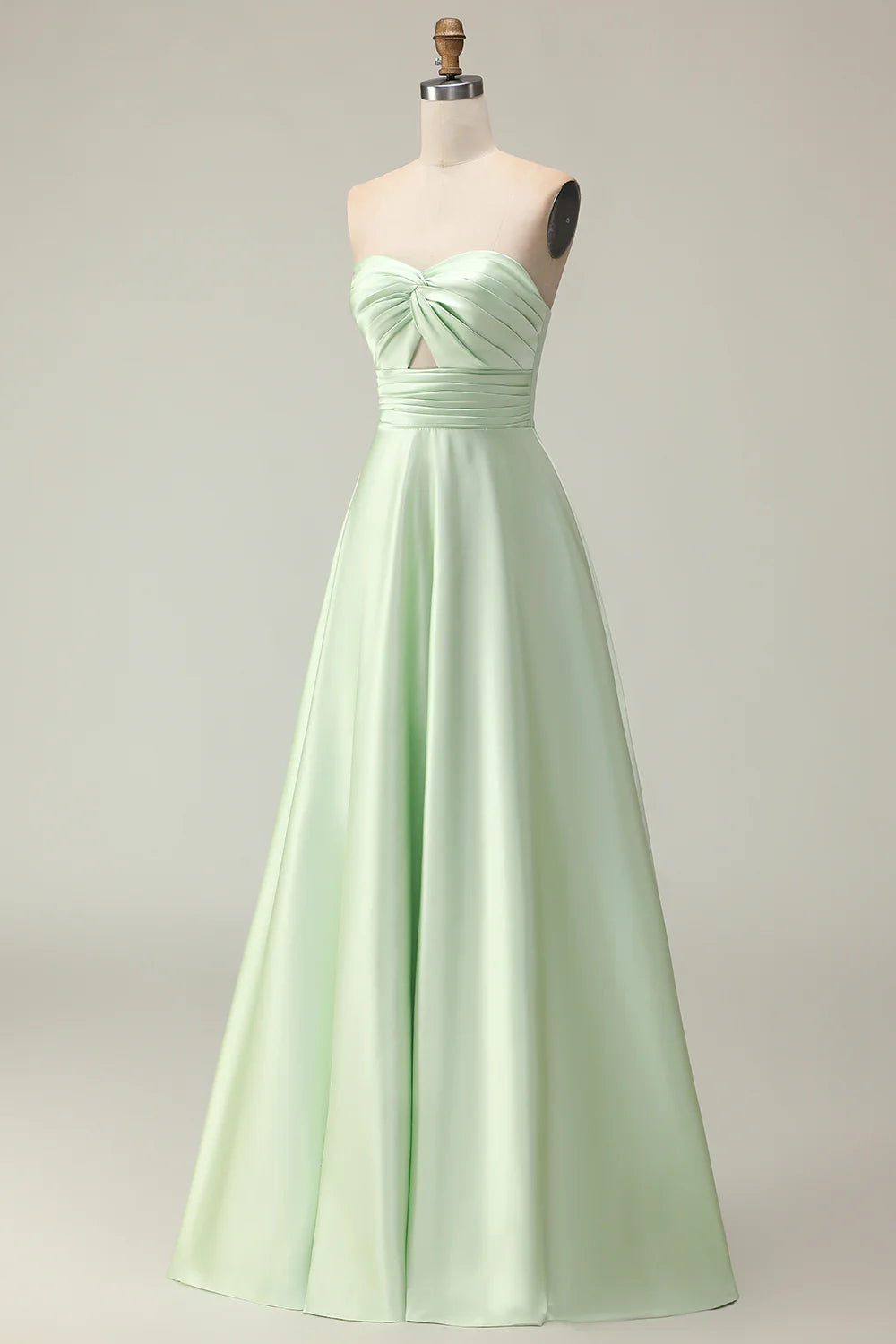 Sage Green A Line Strapless Satin Long Bridesmaid Dress with Lace Up Back