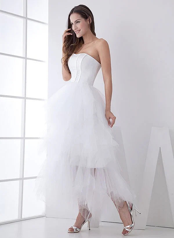 White Classic Strapless Satin High Low Wedding Dress