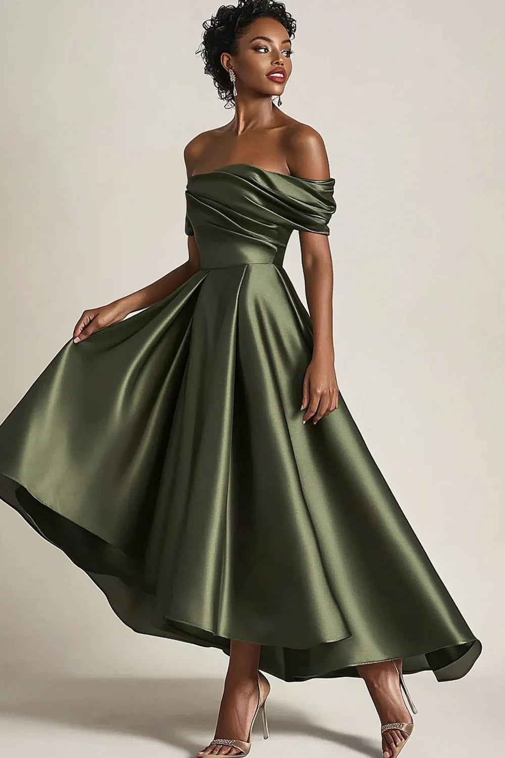 Olive A Line Off the Shoulder Ruched Satin Long Mother of the Bride Dress
