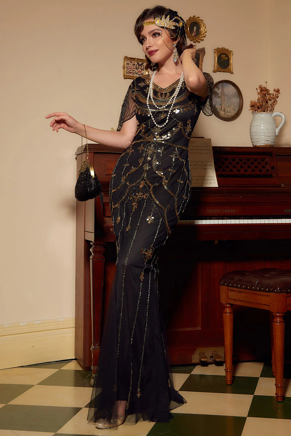 Dark Green Mermaid Round Neck Long Sequins Party Dress