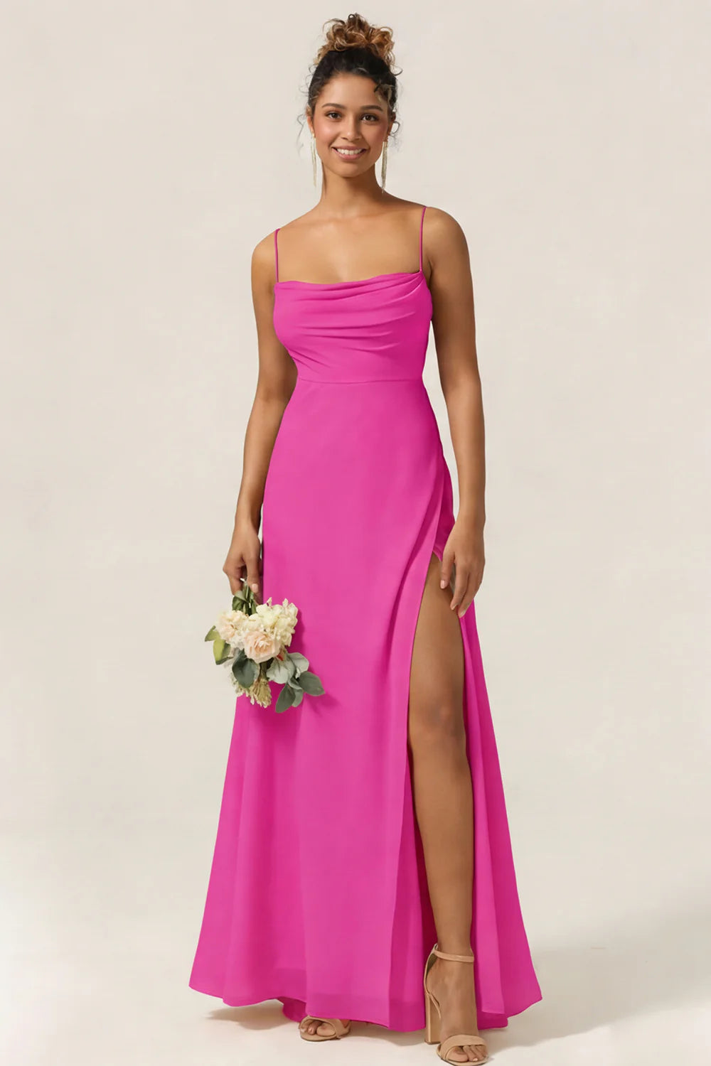 Blue Flower A Line Spaghetti Straps Chiffon Long Bridesmaid Dress with Slit