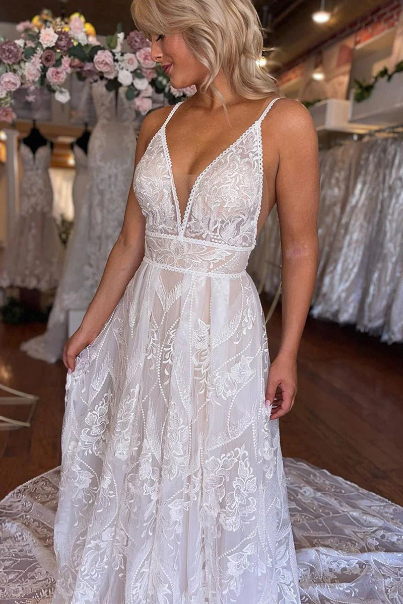 Boho A Line V Neck Lace V Neck Wedding Dresses