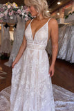 Boho A Line V Neck Lace V Neck Wedding Dresses