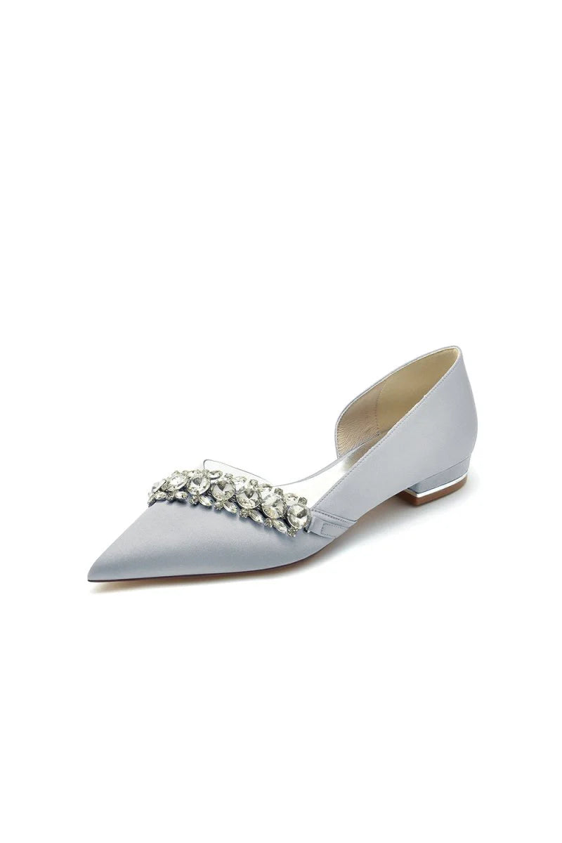 Pointed Toe Slip on Satin Low Heels With Rhinestone