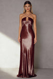 Coffee Mermaid Cut Out Satin Long Formal Dress