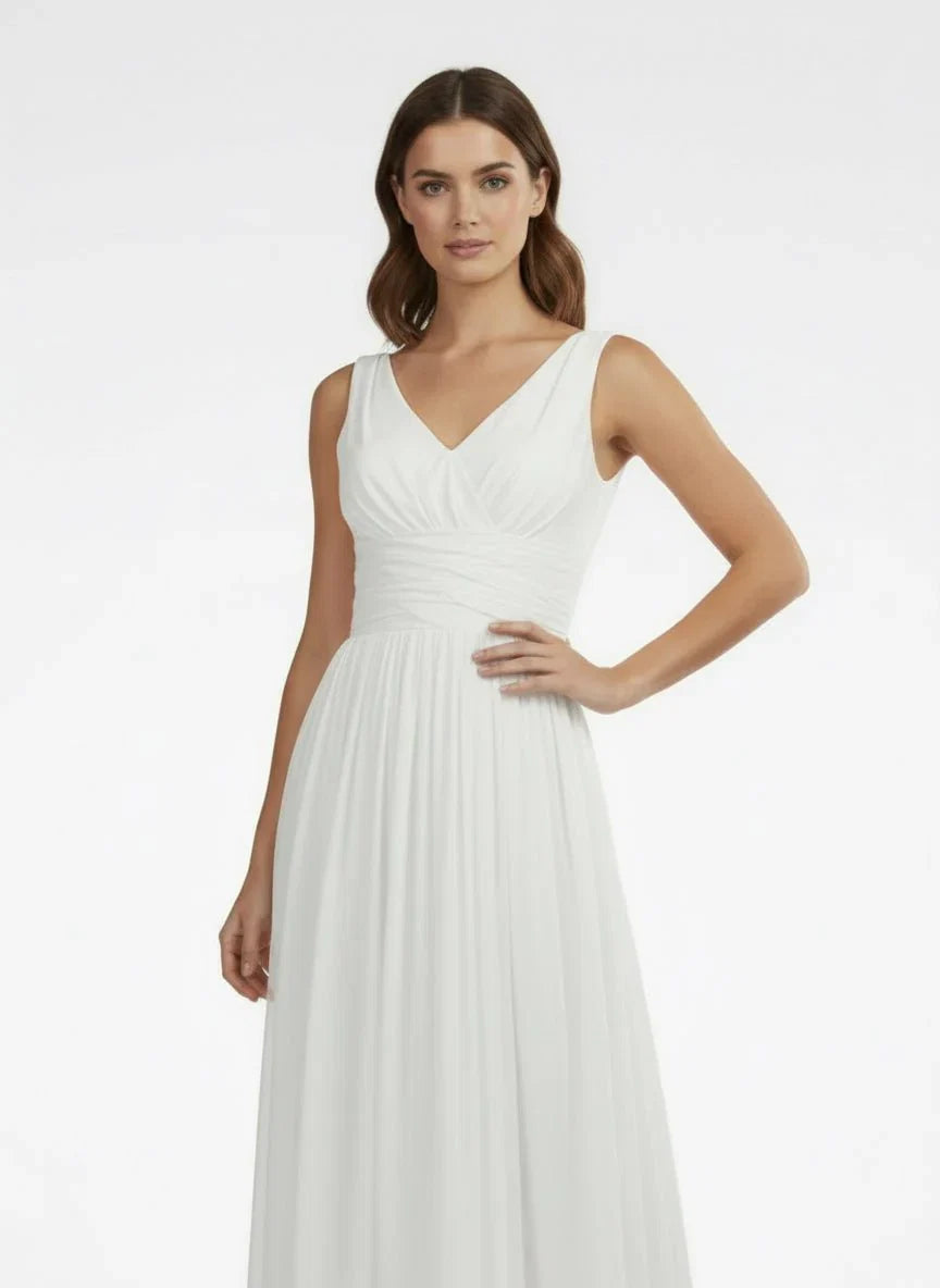V Neck Sleeveless Tea Length Chiffon Wedding Dress With Ruching And Low V Back