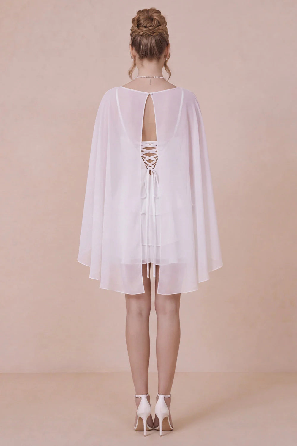 2 Piece White Spaghetti Straps Ruffled Graduation Dress with Cape