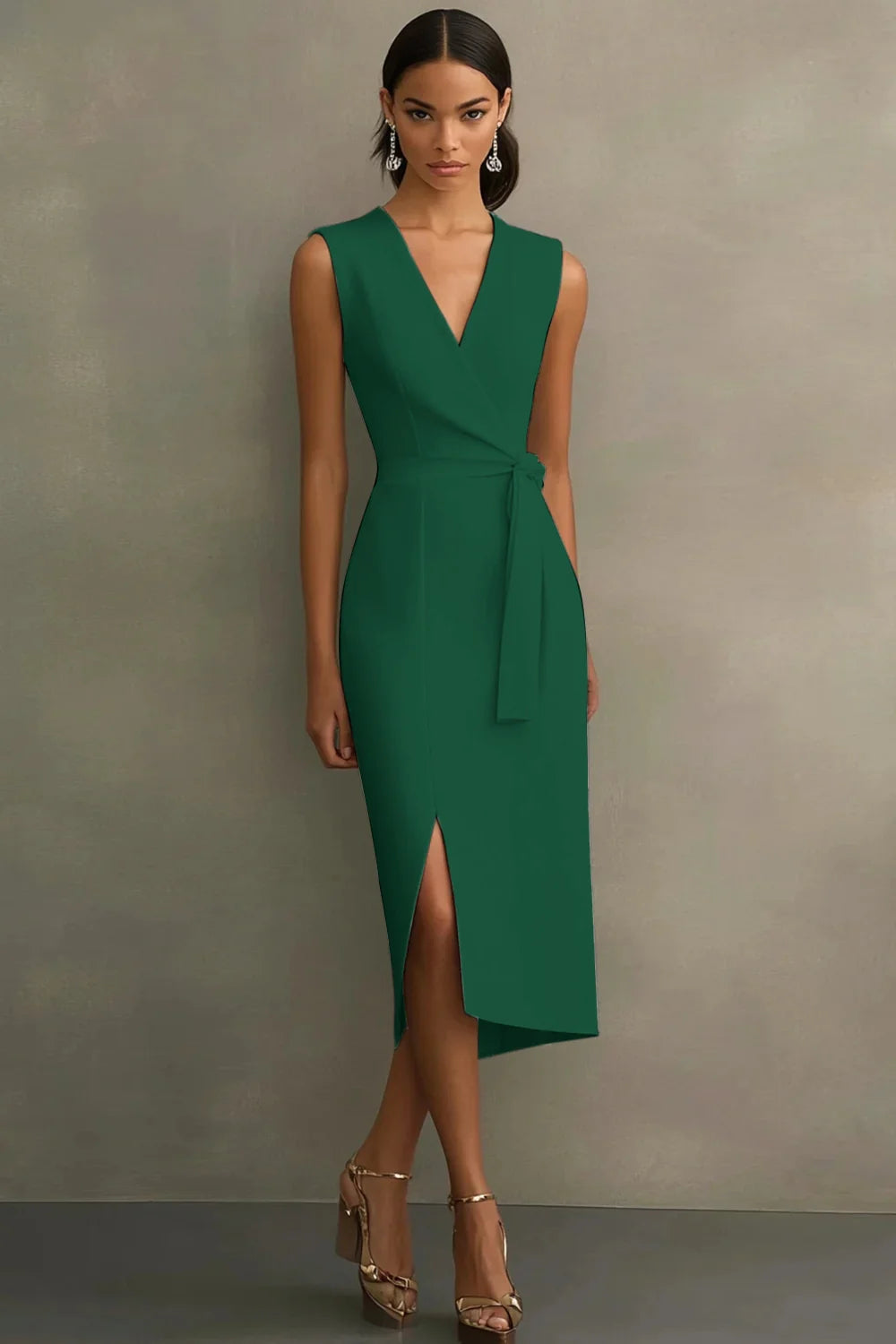 White Satin V Neck Work Dress with Belt