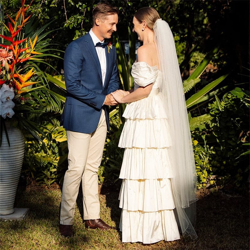 A Line Beige Multi Tiered Ruffles Wedding Dresses