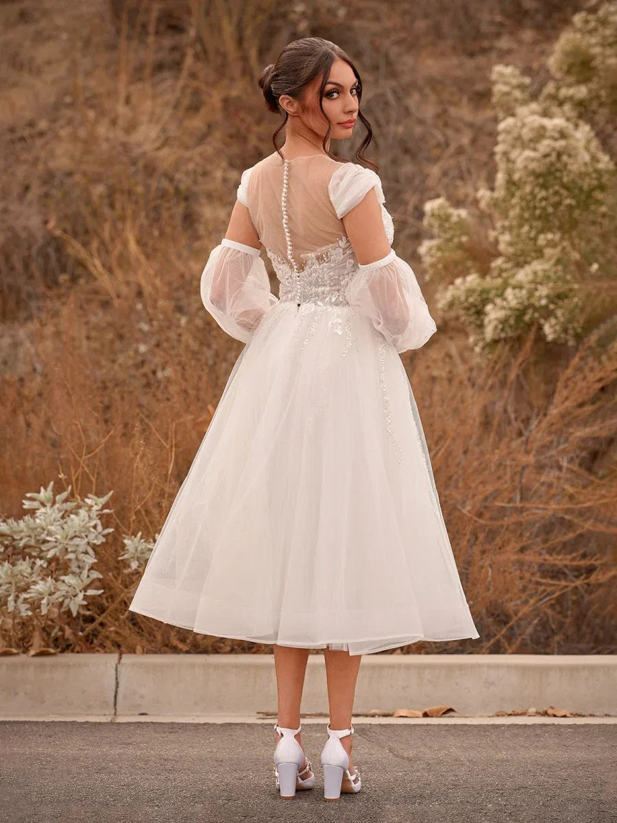 A Line Sweetheart Long Sleeves Elegant Tulle Wedding Dresses With Appliques Lace