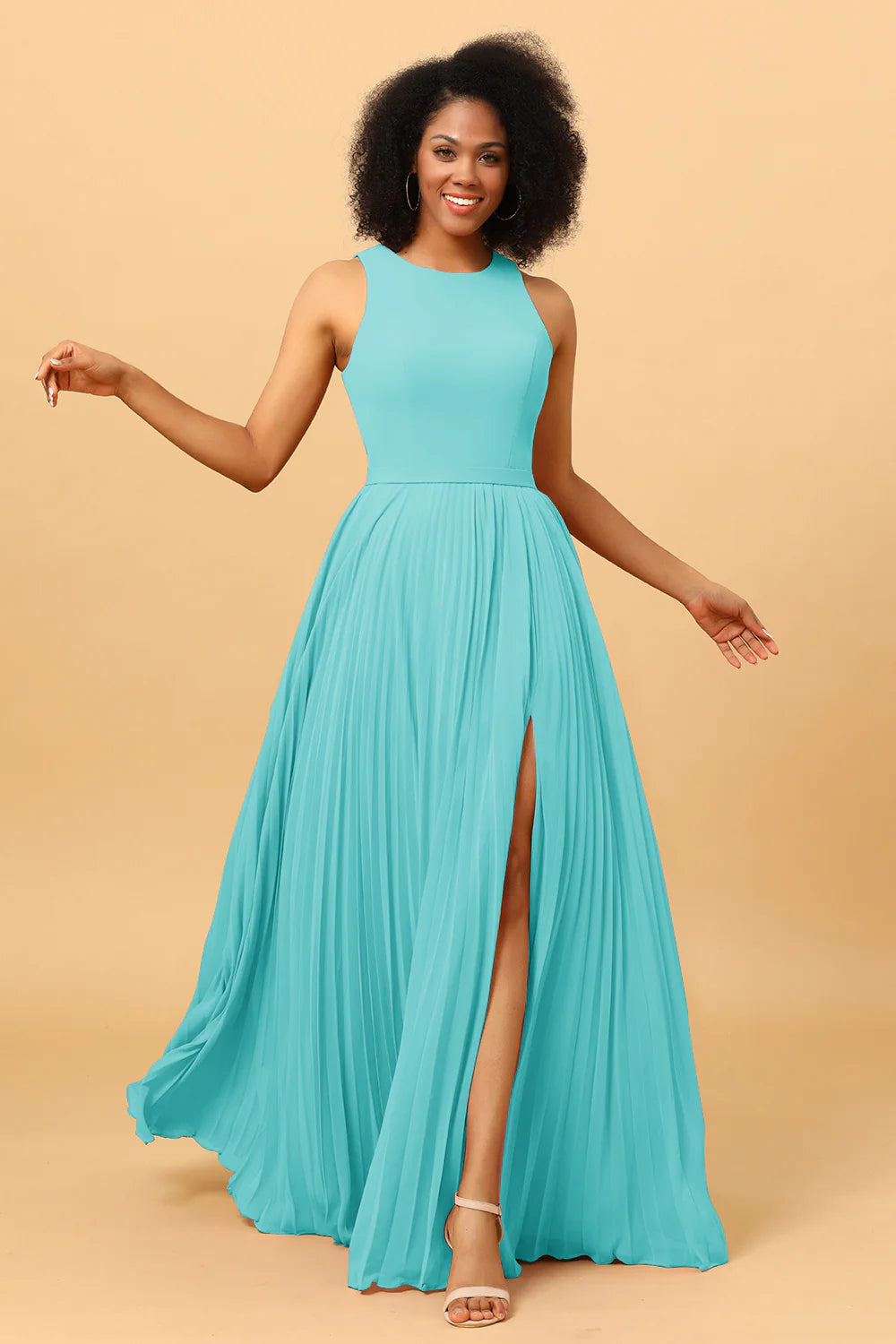 A Line Pleated Long Chiffon Bridesmaid Dress with Ruffles