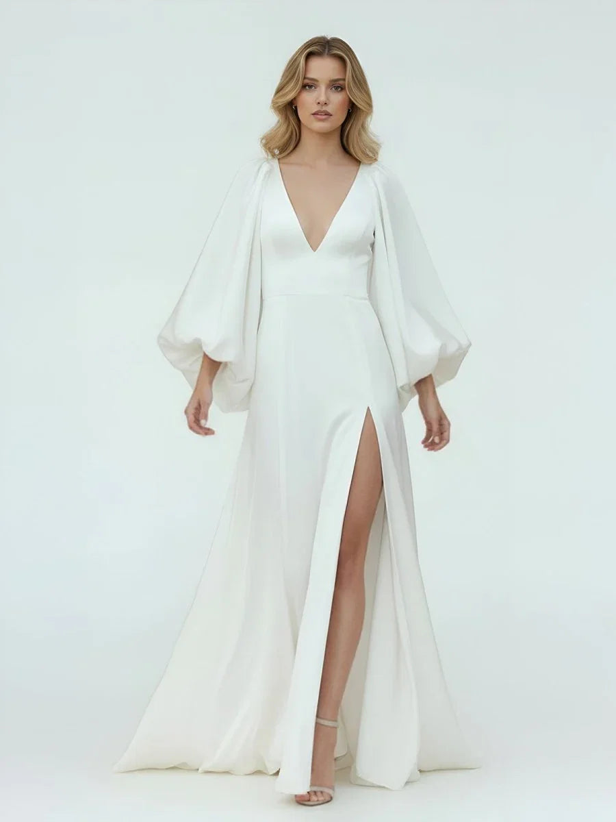 White Satin Simple A Line Long Wedding Dress with Slit