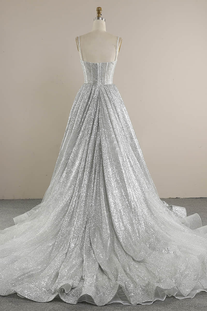 Spaghetti Straps Sequins A line Sparkly Wedding Dress Bridal Gown