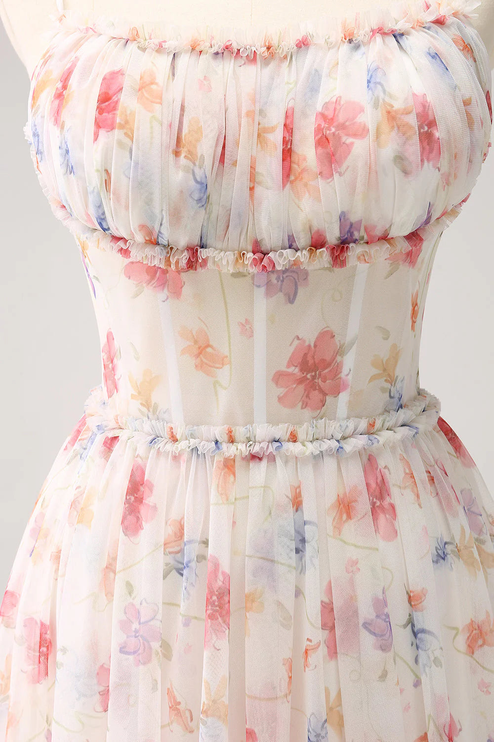 White Red Floral A Line Spaghetti Straps Ruched Corset Bridesmaid Dress