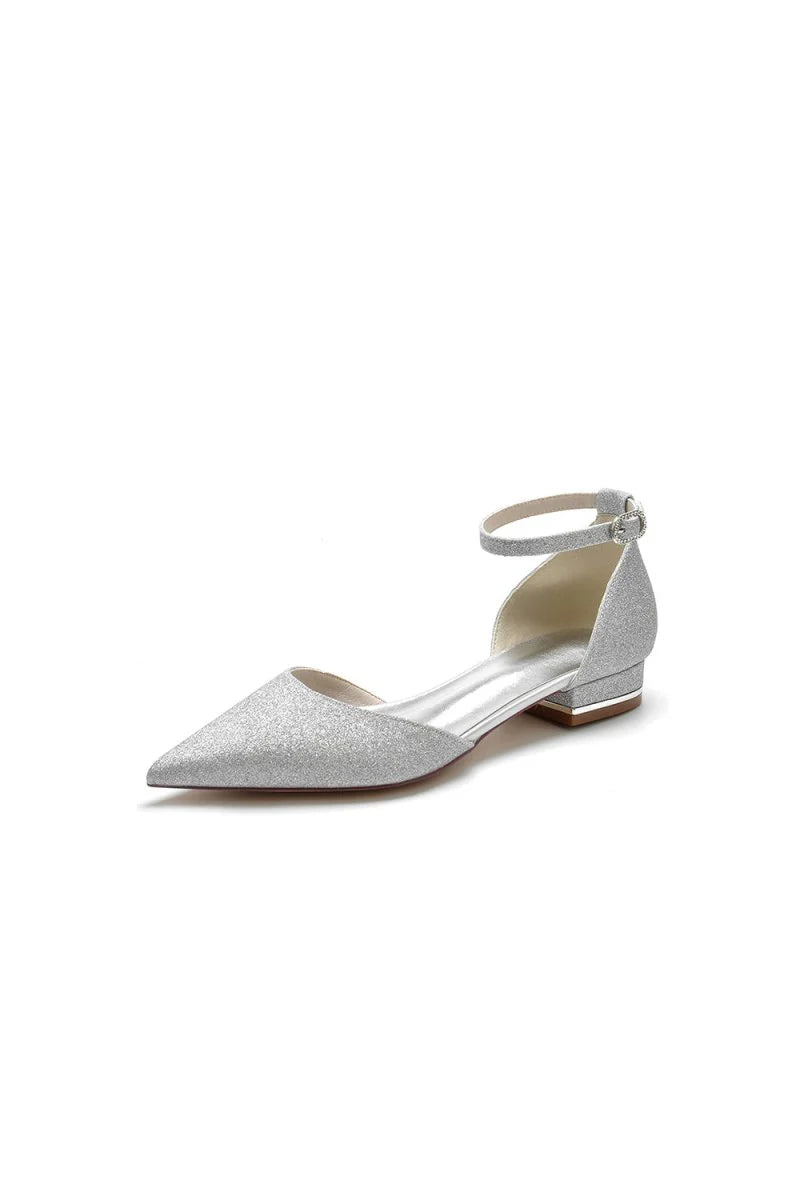 Stretch Glitter With Ankle Strap Pointed Toe Flat Heel Party Shoes