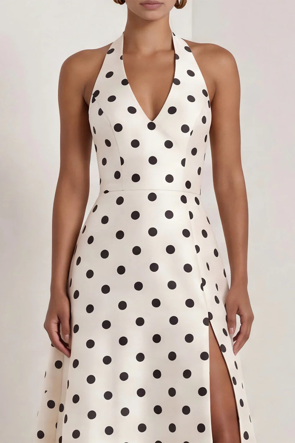 Halter White Black Polka Dot A Line Formal Dress with Slit