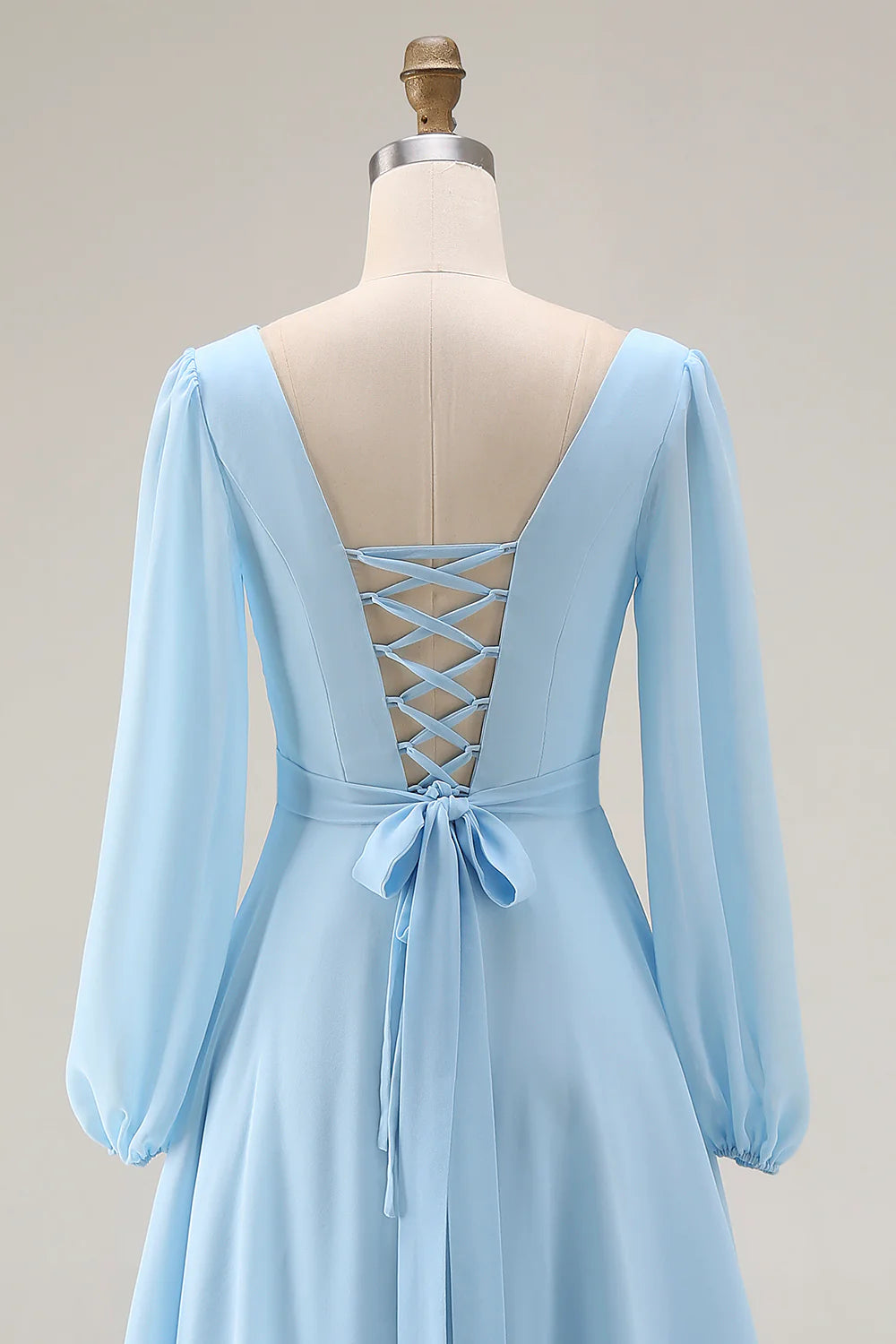 Sky Blue A Line V Neck Chiffon Long Sleeve Bridesmaid Dress