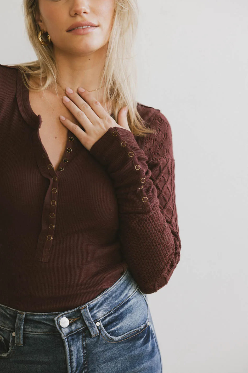 Naomi Cable Knit Sleeve Top in Red Brown FINAL SALE