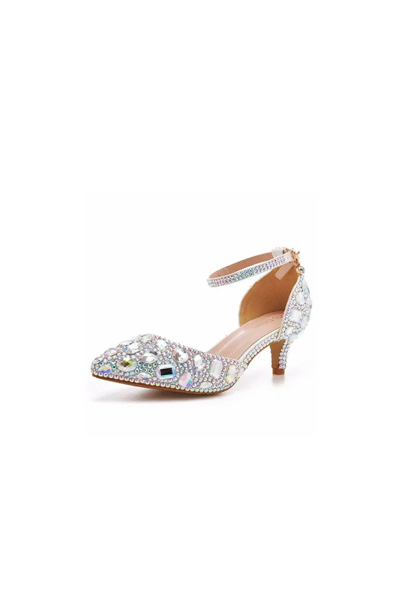 Pointed Toe Crystal Diamond Ankle Strap Kitten Heels