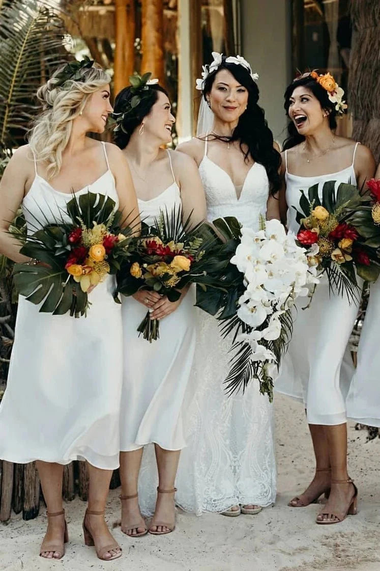 Spaghetti Straps Tea length White Chiffon Bridesmaid Dress