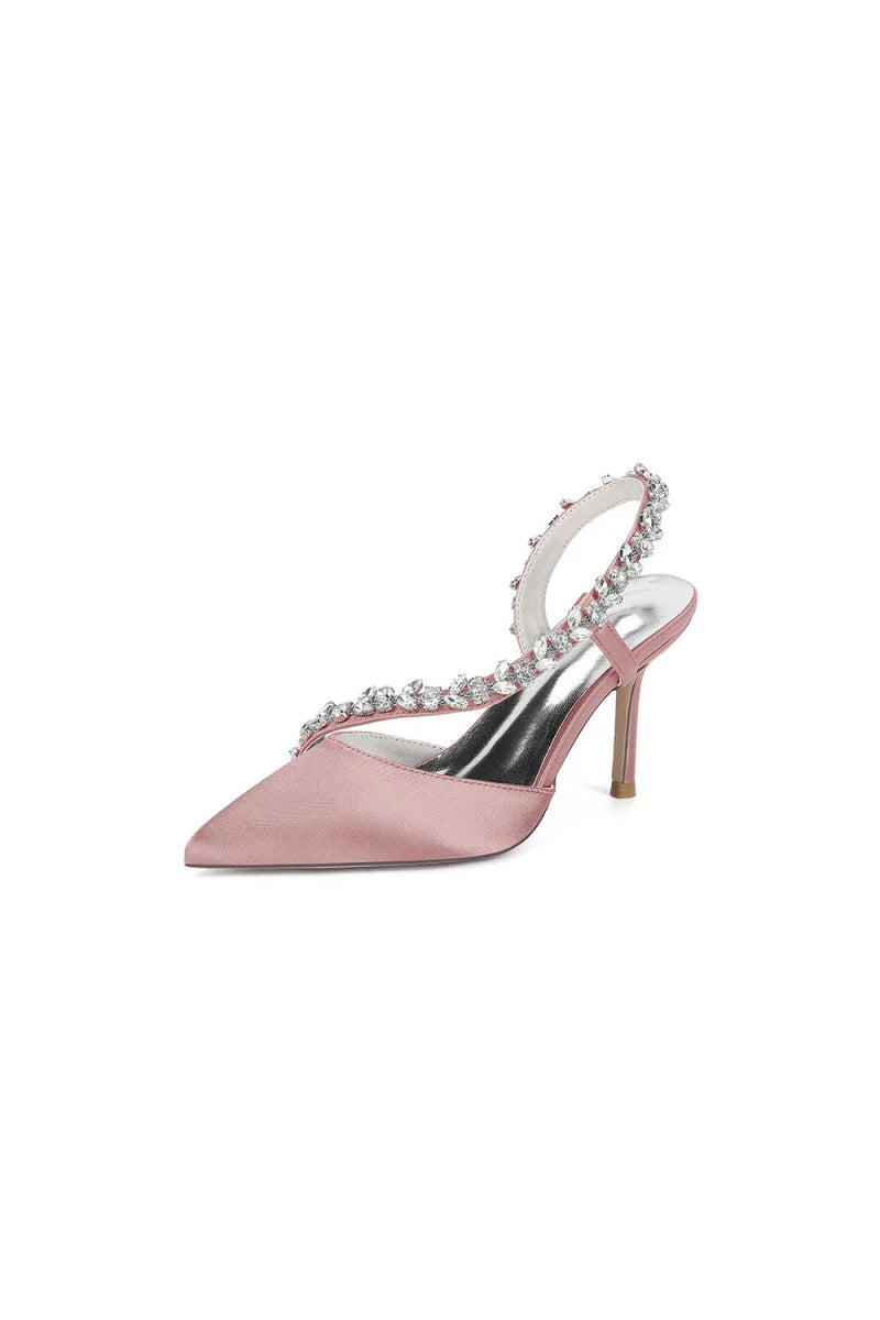 White Satin High Heels with Crystal Embellishments