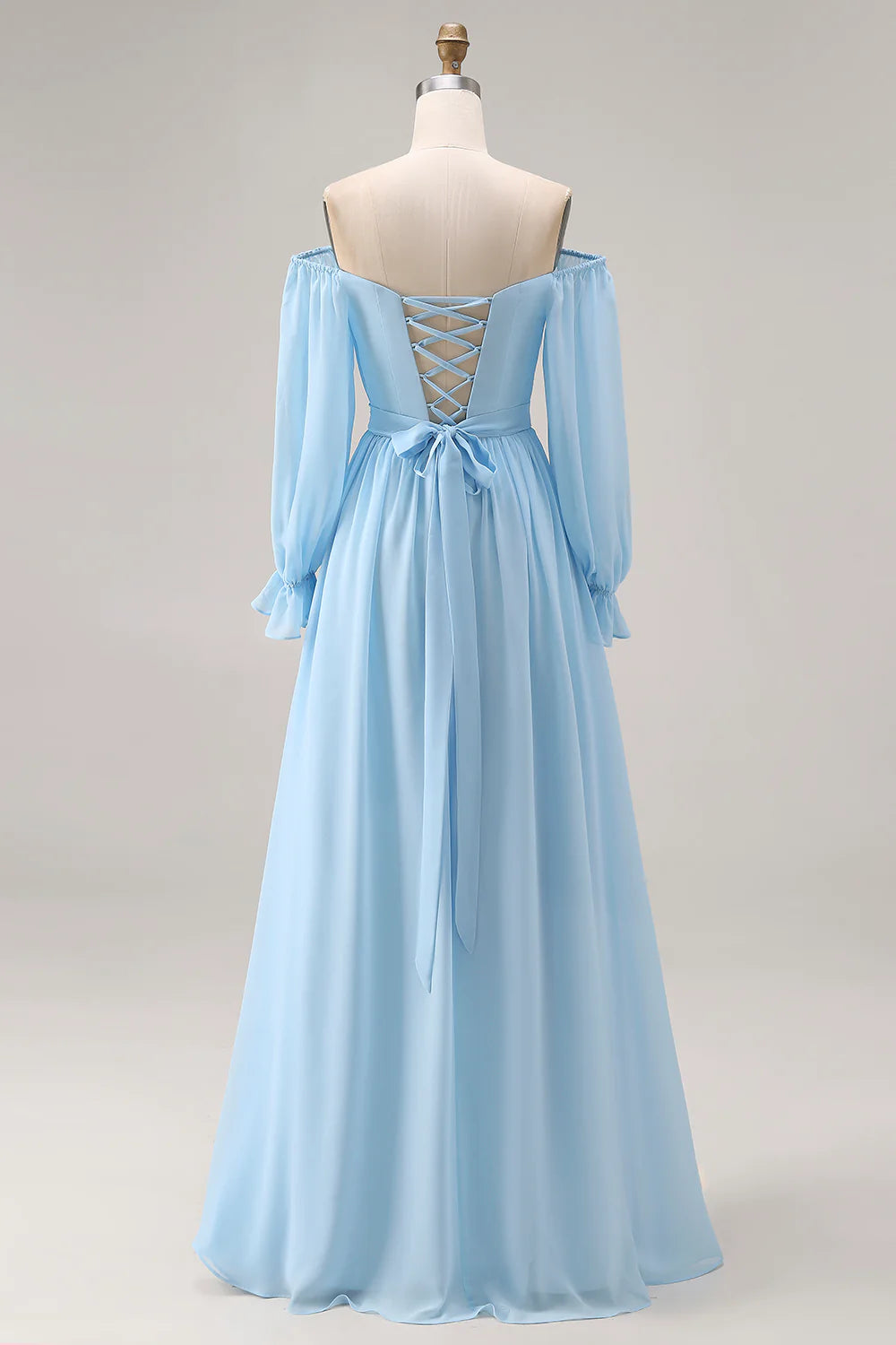 Off the Shoulder Sky Blue A Line Long Sleeve Bridesmaid Dress with Slit