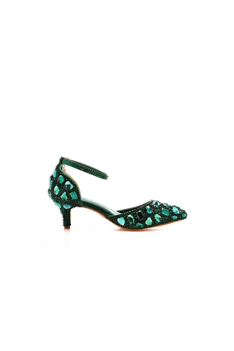 Pointed Toe Crystal Diamond Ankle Strap Kitten Heels