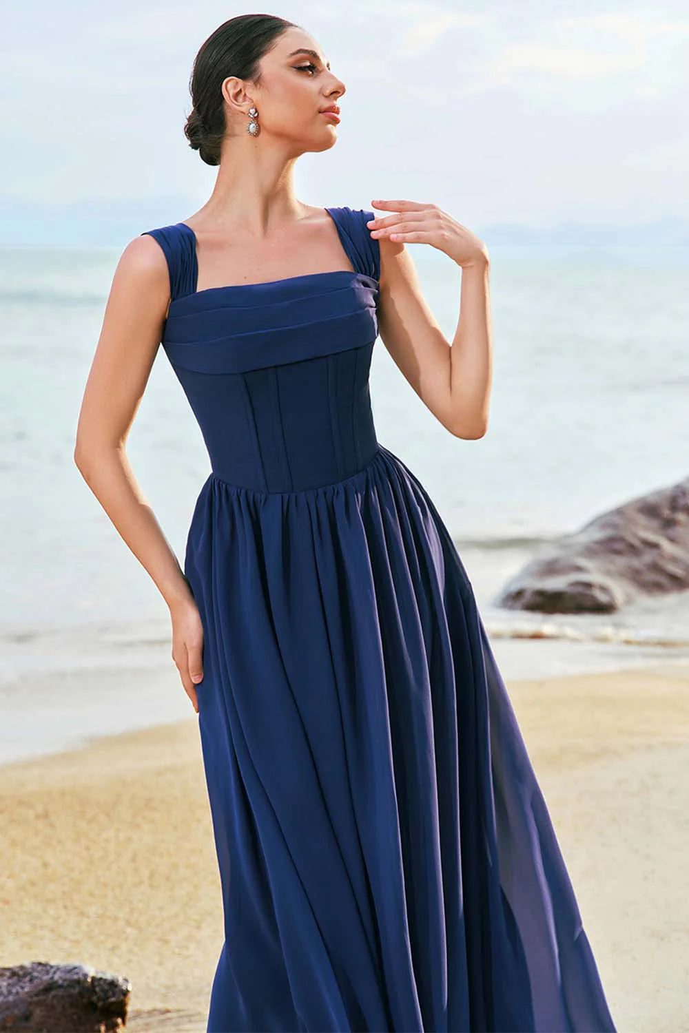 Dark Blue A Line Square Neck Corset Lace Up Back Chiffon Long Bridesmaid Dress