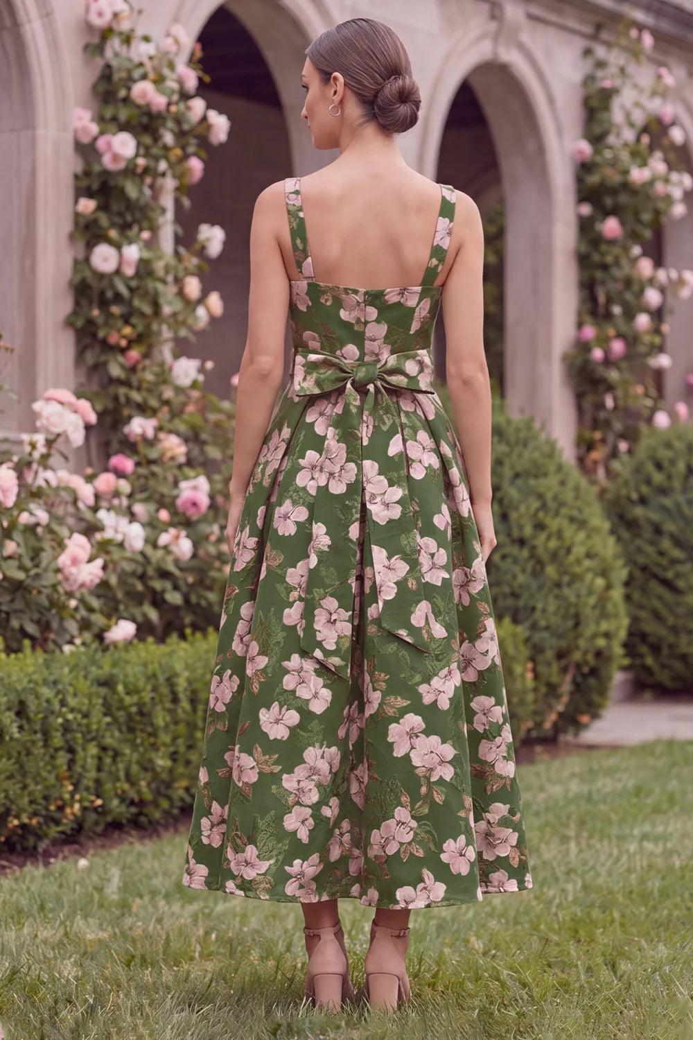 Green Printed Flower A Line Square Neck Wedding Guest Dress with Bow